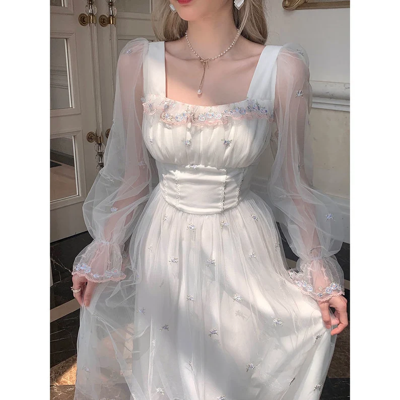 White Mesh Fairy Dress Woman French Vintage Embroidery Floral Flare Sleeve Princess Prom Dresses  c2876