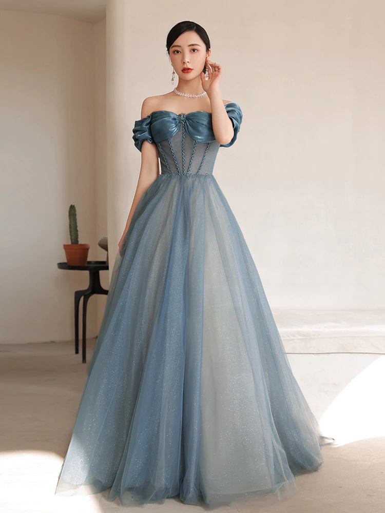 Fashion Women Evening Dress Floor Length Grey Blue Boat Neck Elegant A Line Dress Long Prom Dress cc64
