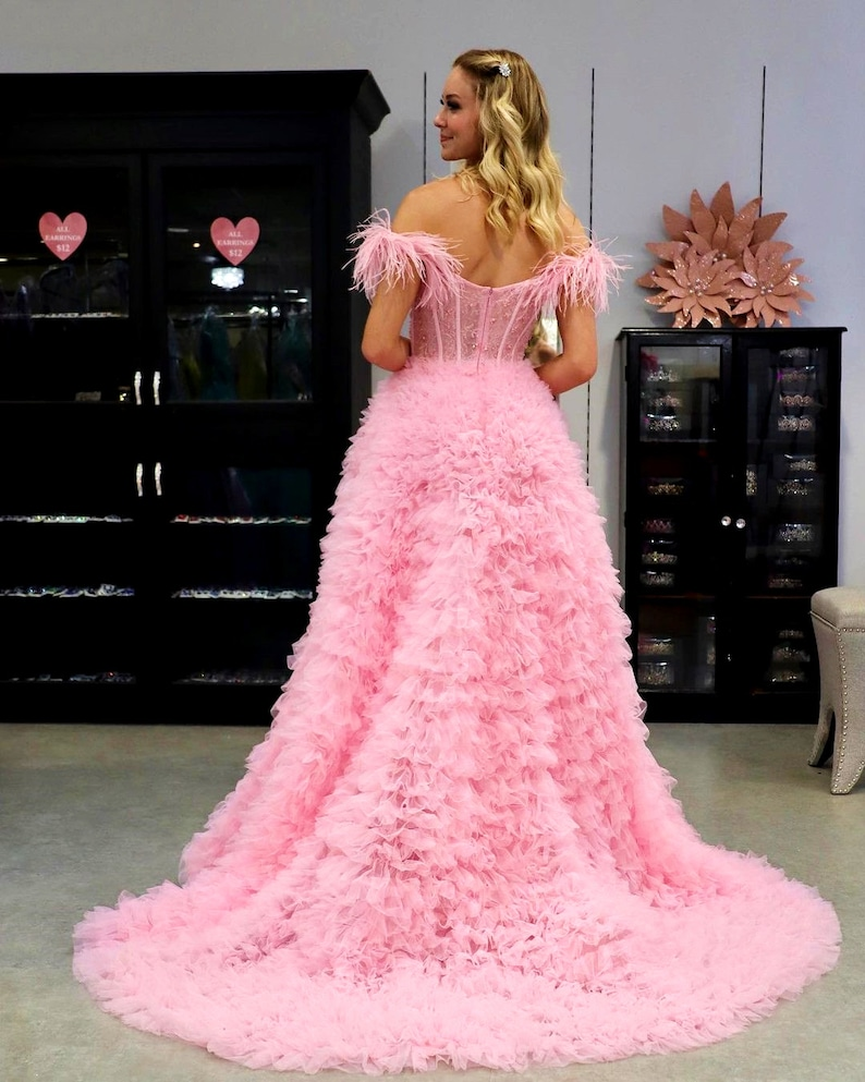 Pink Tulle Ruffled Gown, Off Shoulder Tulle Dress, Tulle Prom Dress, Corset Tulle Ball gown, Graduation Dress c3390