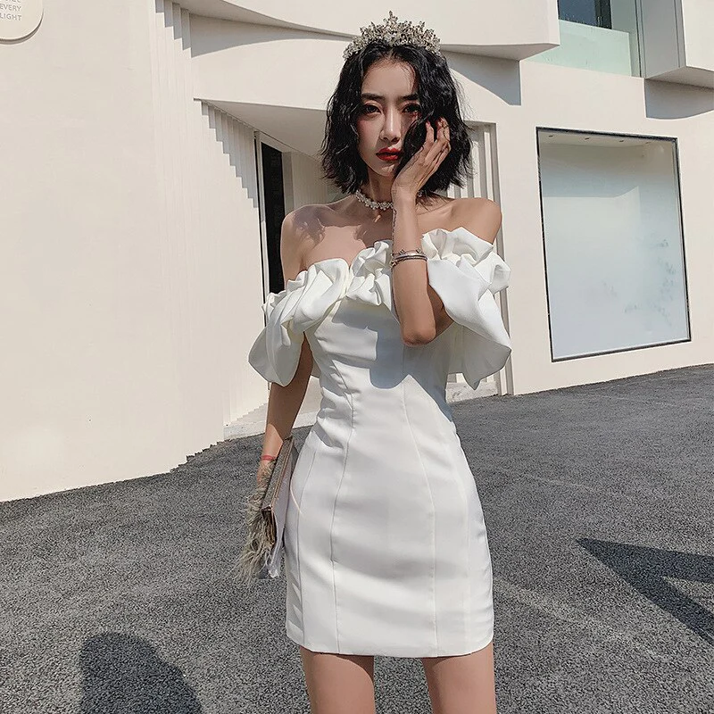 Black White Women Short Dress Pretty Mini Party Dress Ruffules Neckline Homecoming Dress c3308