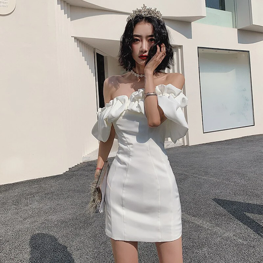 Black White Women Short Dress Pretty Mini Party Dress Ruffules Neckline Homecoming Dress c3308