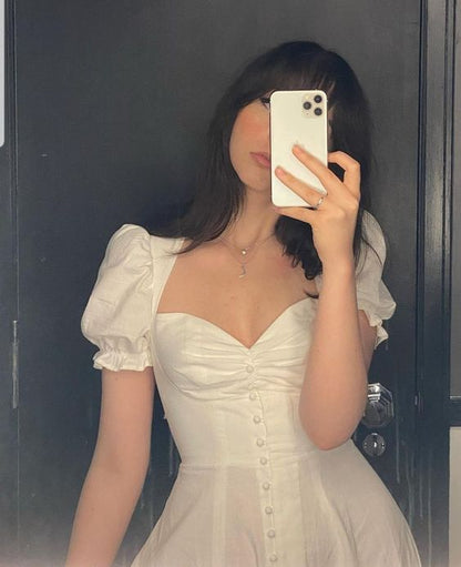 White Elegant Split Dress Women V-Neck Sweet Sexy Midi Dress Female Puff Sleeve Vintage Prom Dress cc202