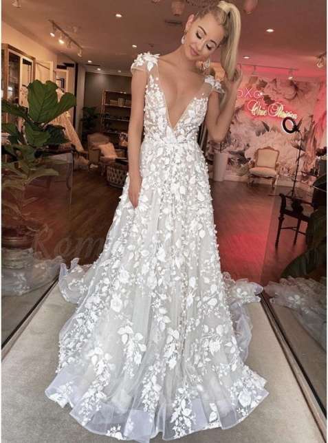 A-line Lace V-Neck Vintage Cap Sleeves Romantic Wedding Dresses Elegant Evening Dress c3286