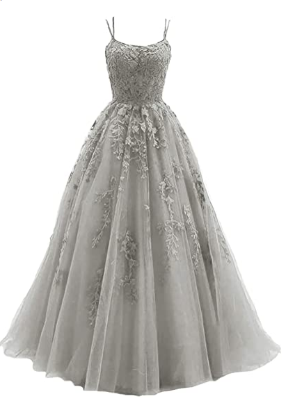 Silver spaghetti strap prom dress, long tulle lace appliquéd women's party dress C1890