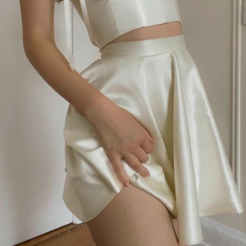 Satin Two Piece Set Sexy Backless Bandage Strap Corset Crop Top High Waist A-line Cute Homecoming Dress cc96