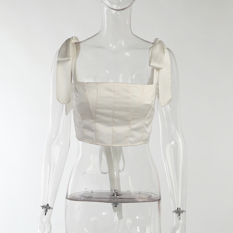 Satin Two Piece Set Sexy Backless Bandage Strap Corset Crop Top High Waist A-line Cute Homecoming Dress cc96