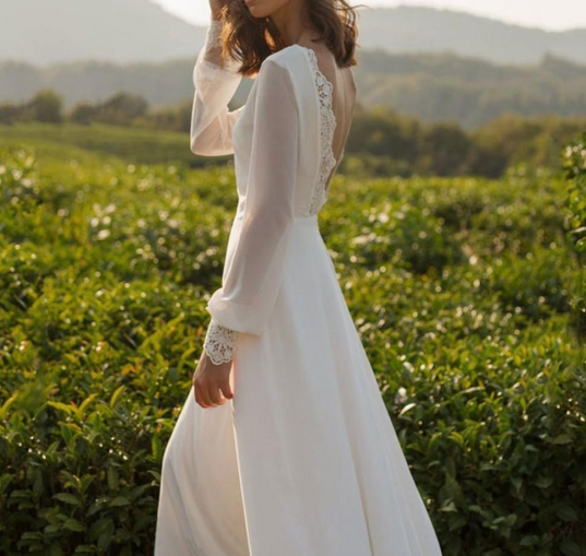 White Chiffon Simple Prom Dress Wedding Dress Open Back Prom Dress With Long Sleeves c3334