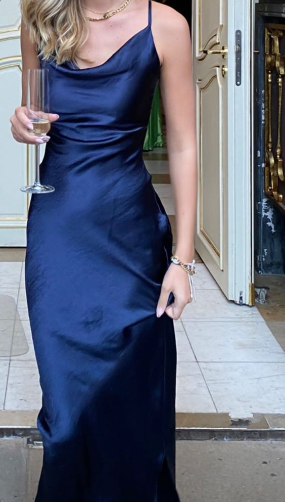Spaghetti Strap Satin Women's Sleeveless Cowl Neck Prom Dress Classic Navy Blue Prom Dress cc85