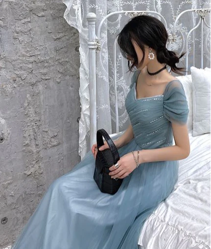 A-Line Princess Square Neckline Short Sleeve Floor-Length Prom Dresses c2930