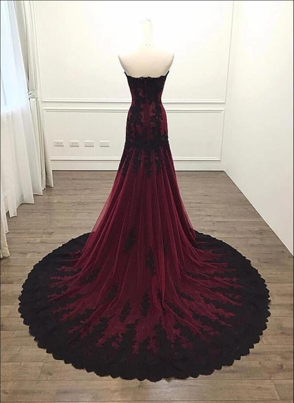 Black and Red Sweetheart Tulle with Lace Glam Evening Gown Party Dress, Long Formal Dress C1219