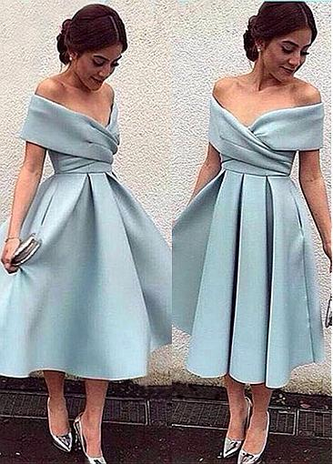 A-Line Off-the-Shoulder Tea-Length Sleeveless Homecoming Dress,Light Blue Satin Prom Dress c2955