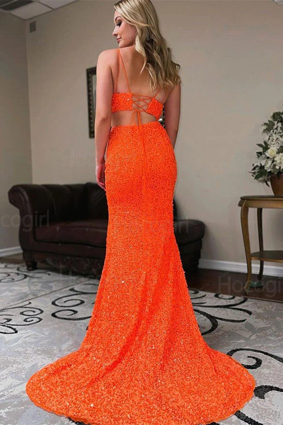 Two Piece Orange Sequins Long Prom Dress c3399