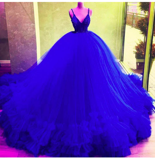 A-line Royal Blue Ball Gown Tulle Prom Dress Sleeveless Prom Dress C2455