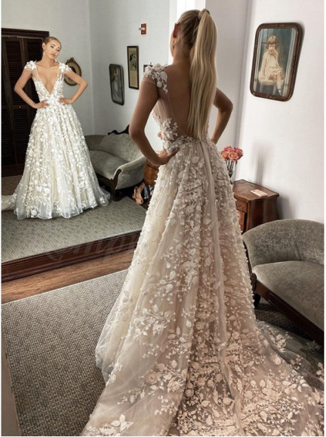 A-line Lace V-Neck Vintage Cap Sleeves Romantic Wedding Dresses Elegant Evening Dress c3286