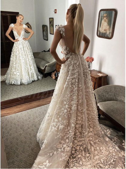 A-line Lace V-Neck Vintage Cap Sleeves Romantic Wedding Dresses Elegant Evening Dress c3286