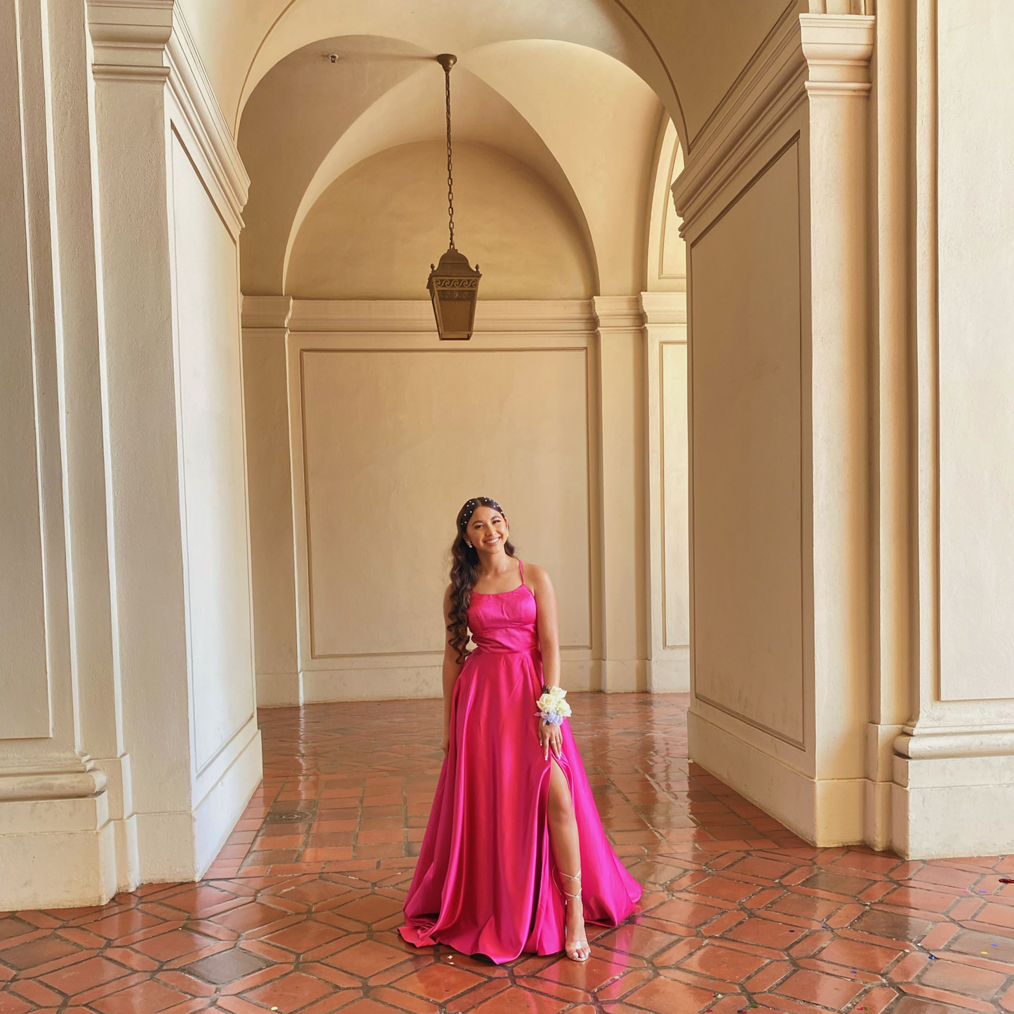 A-Line / Princess Scoop Neck Sweep Train Satin Prom Dress With Split Front c2897