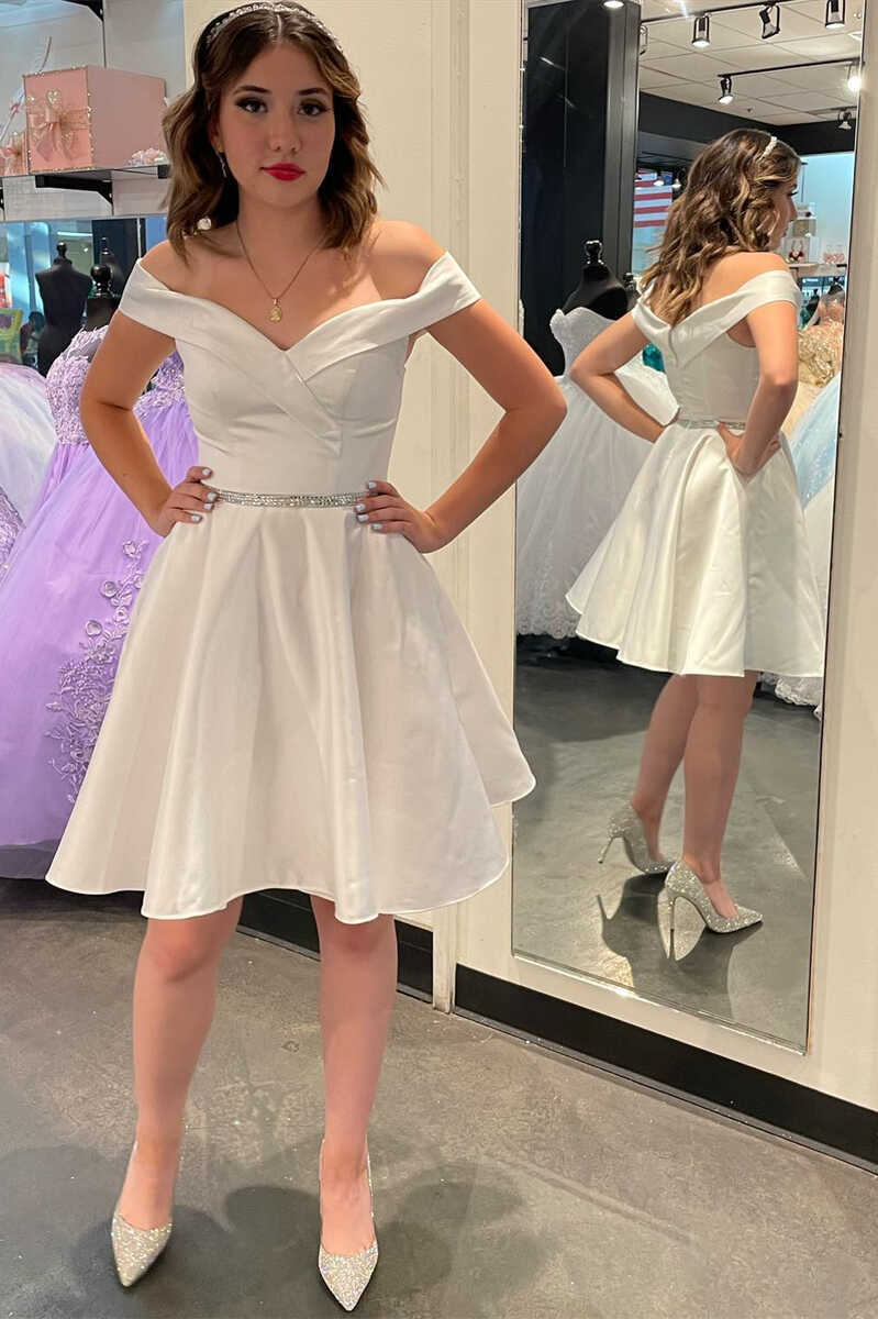 Princess White Off-the-Shoulder A-Line Short Homecoming Dress c3188