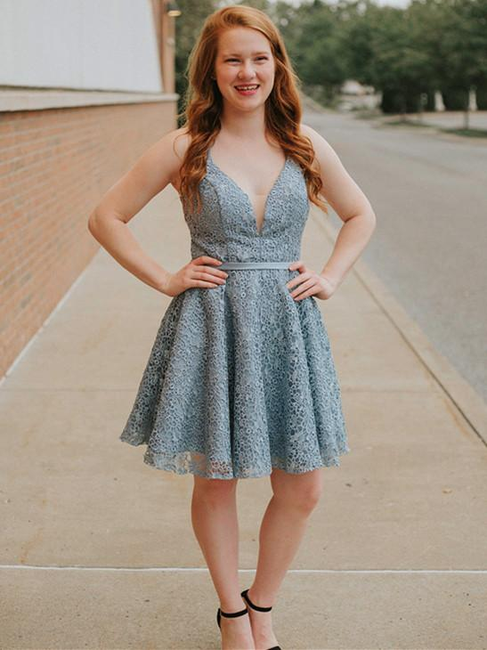 Spaghetti Straps Deep V-neck Full Lace Backless Short Homecoming Dress c3029