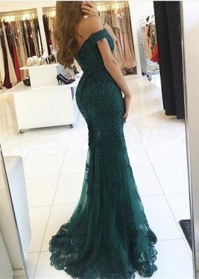 Off The Shoulder Green Long Mermaid Lace Prom Dresses Evening Dresses C173