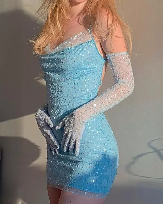 Sexy Blue Sequins Backless Mini Party Dress with Gloves c2857