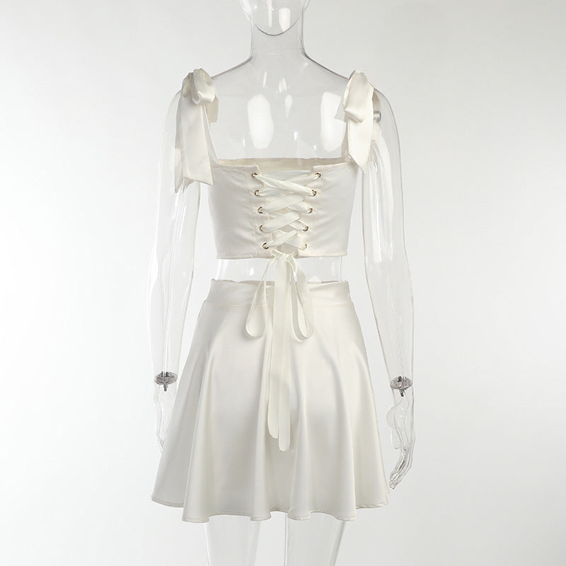 Satin Two Piece Set Sexy Backless Bandage Strap Corset Crop Top High Waist A-line Cute Homecoming Dress cc96
