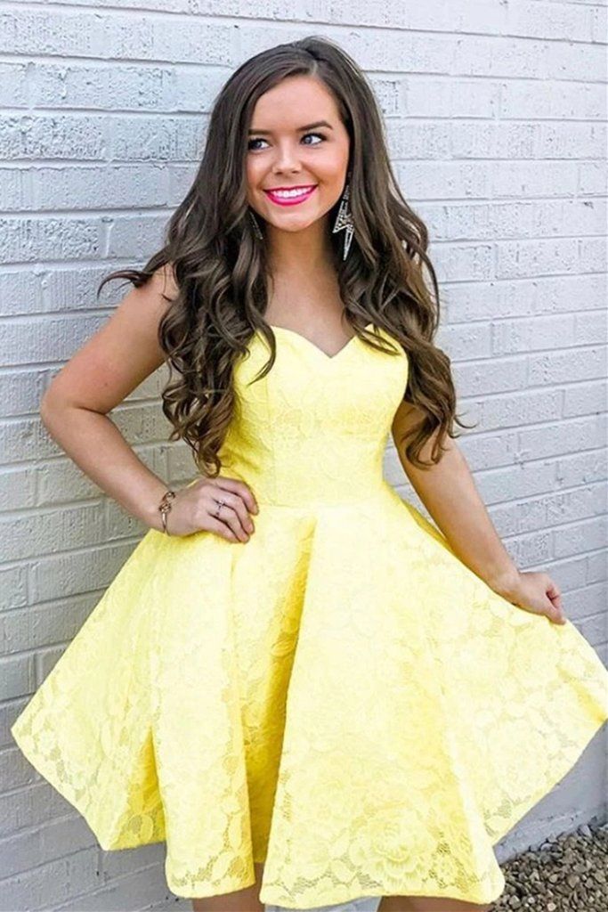 Sweetheart Yellow Lace Homecoming Dress, Lace Short Prom Graduation Dress c3106