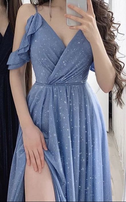 Spaghetti Straps Blue Prom Dress With Split c3100