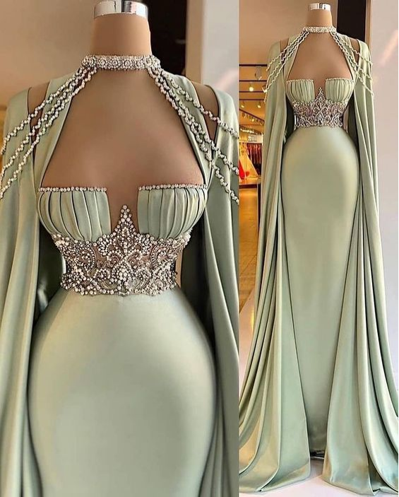Arabic Green Mermaid Evening Dress  Elegant Sleeveless Halter Neck Soft Satin Beading Prom Dresses Long Party Gown C1995