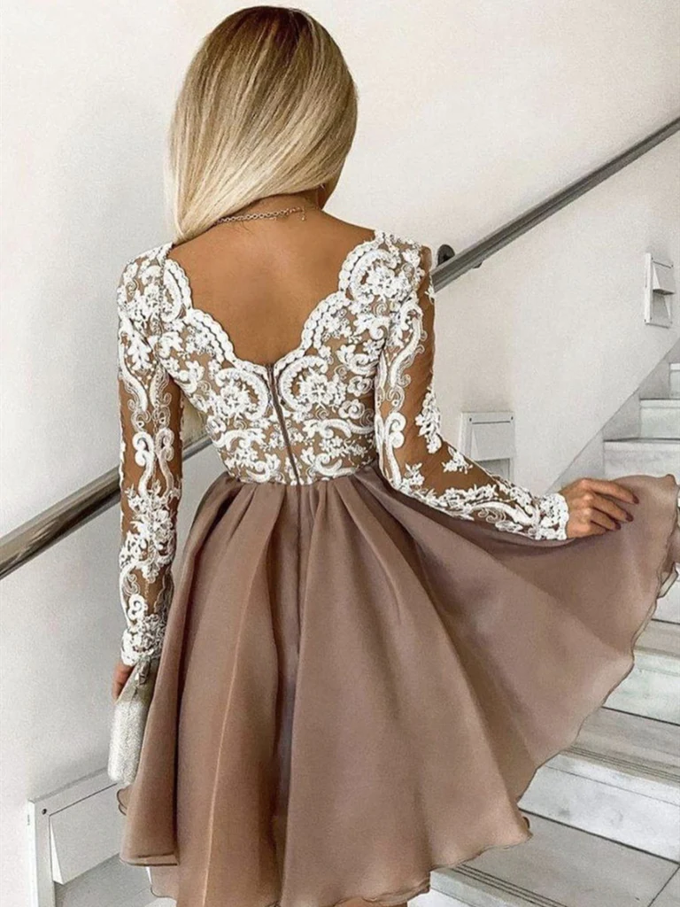 Long Sleeves Short Champagne Lace Homecoming Dresses, Short Champagne Lace Formal Graduation Dresses c3032