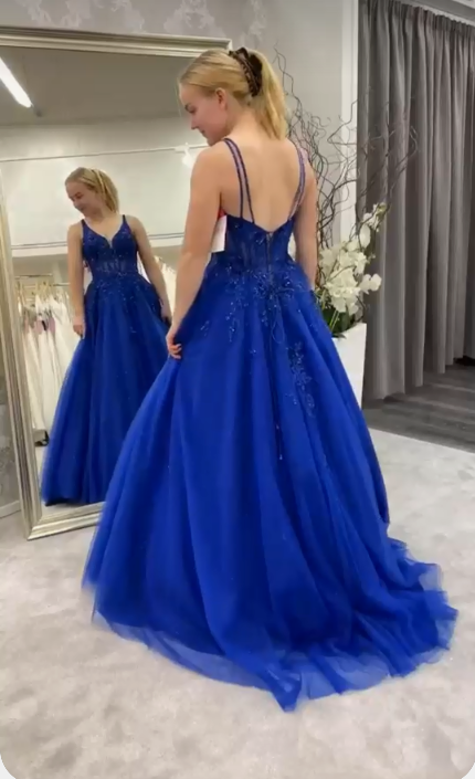 A-line V Neck Royal Blue Prom Dress Sleeveless Prom Dress Sweet 16 Dress C2350