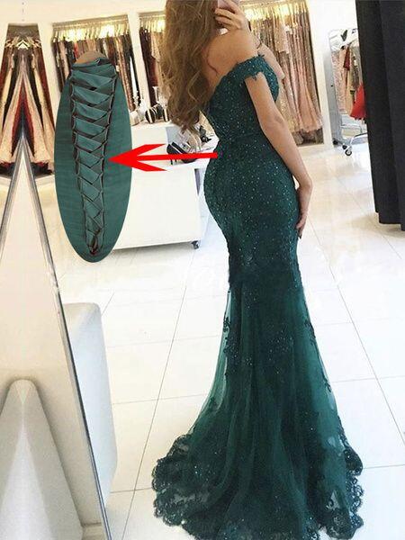 Off The Shoulder Green Long Mermaid Lace Prom Dresses Evening Dresses C173