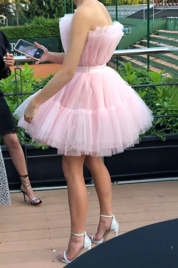 Strapless Pink Tulle Short Homecoming Dress, Princess Sleeveless Party Dress c3039