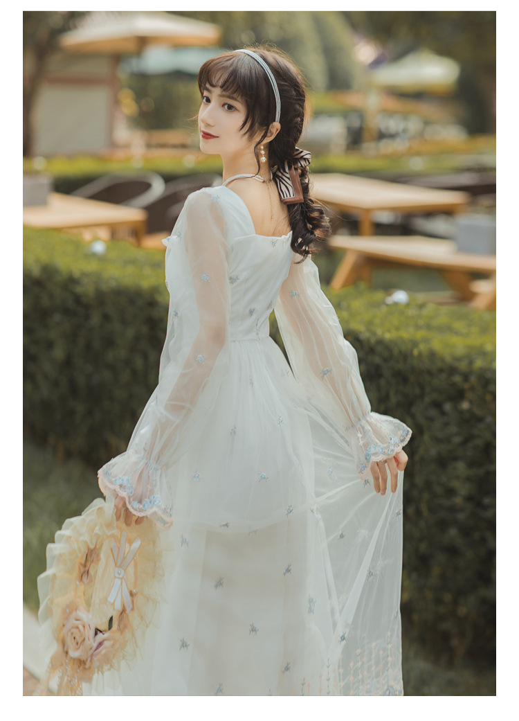 White Mesh Fairy Dress Woman French Vintage Embroidery Floral Flare Sleeve Princess Prom Dresses  c2876