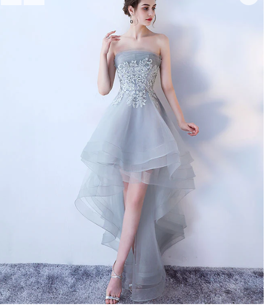 Gray tulle lace high low prom dress, cute homecoming dress c2611