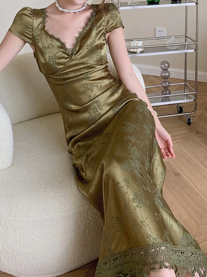 Summer Elegant Women Satin Backless Short Sleeve Lace Sexy Bandage Vintage Bodycon Vestidos Female Fashion Robe New Prom Dress c2501