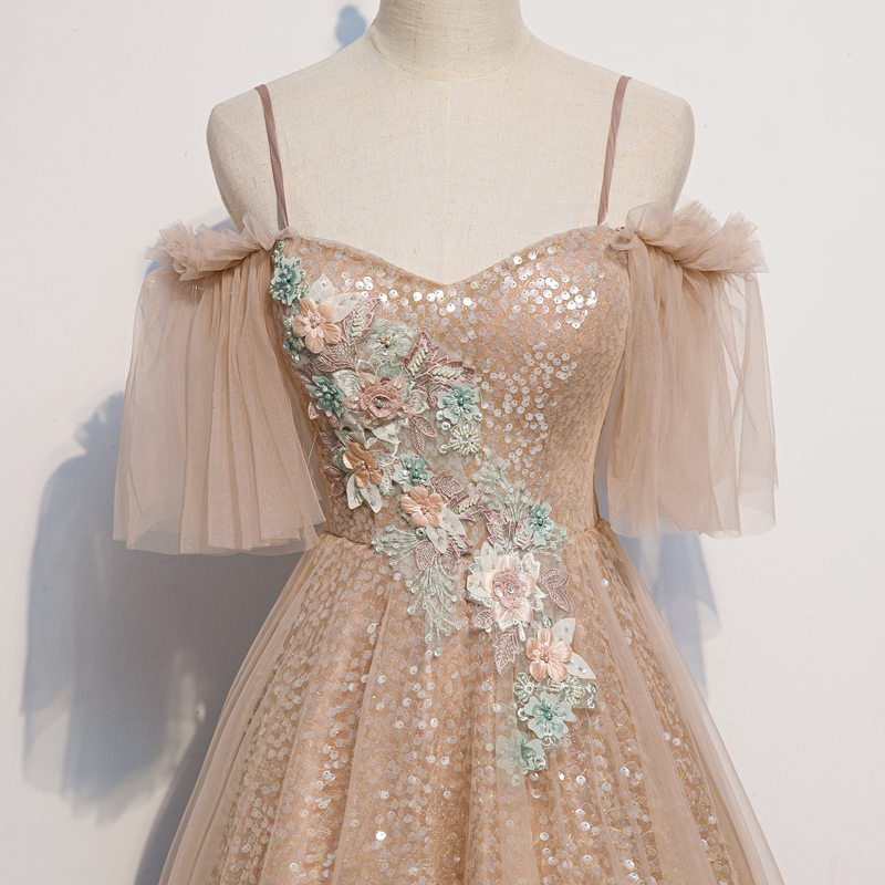 Champagne sequins tulle prom dress formal dress cc391