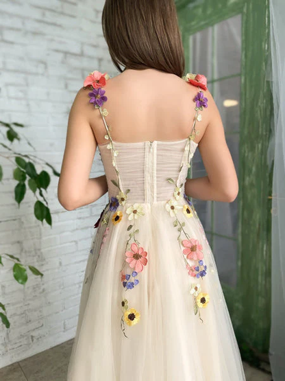 Tea Length Straps Homecoming Dress With Flower, Cocktail Dresses With 3D Flower c2709