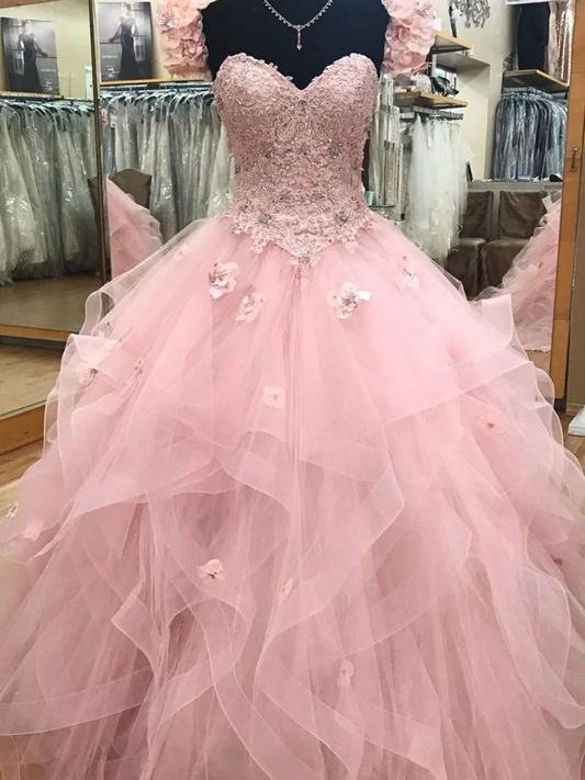 Pink Sweetheart neck tulle lace long prom dress, sweet 16 dress c3249