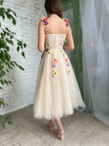 Tea Length Straps Homecoming Dress With Flower, Cocktail Dresses With 3D Flower c2709