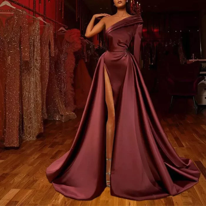 Elegant One Long Shoulder Solid Color Long-sleeve Evening Dress High Split cc315