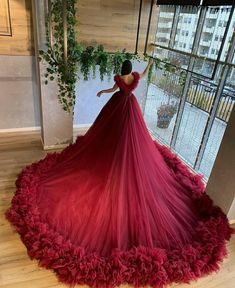 A-line V Neck Ball Gwon Puffy Burgundy Sweet Ruffled Quinceanera Dress Tulle Sweet 16 Train Dress Dresses c3476