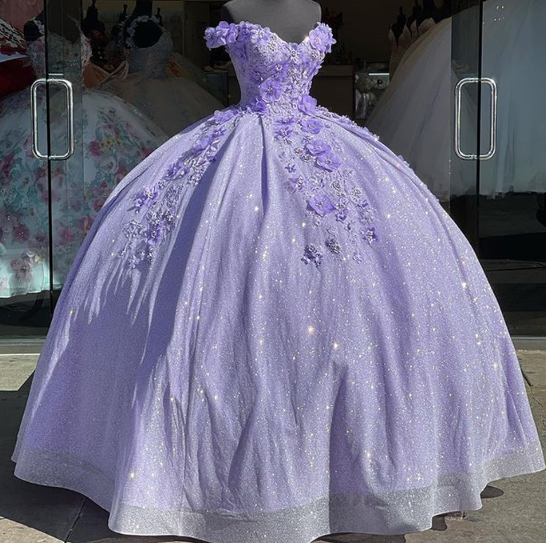 Lavender Ball Gown Off The Shoulder Prom Dress With 3D Flowers C2174