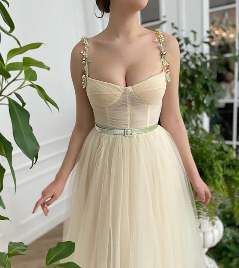 Beige Fairy Tulle Prom Dress  Beads Straps Fairy Prom Gown, Handmade Tea-length A-Line Tulle Ball Gown Wedding Dress c2752
