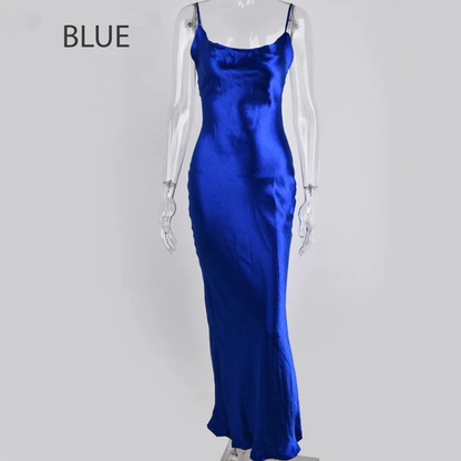 Glossy Open Back Shiny Backless Satin Prom Dress Elegant Cowl Neckline Party Ruched Side Women Midi Dress cc196