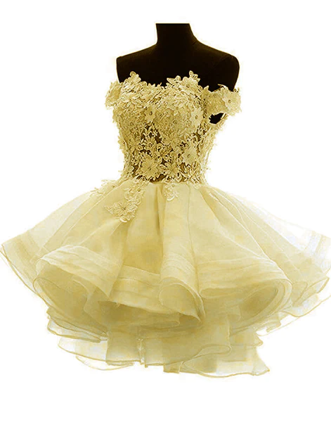 White sweetheart lace applique short cute white homecoming dress Off Shoulder Organza Short Lace Applique Teen Formal Dress c3219