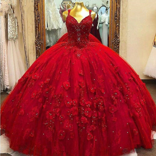 Red V Neck Quinceanera Dresses Spaghetti Straps Beads Flower Sweet 15 Party Gown c2939