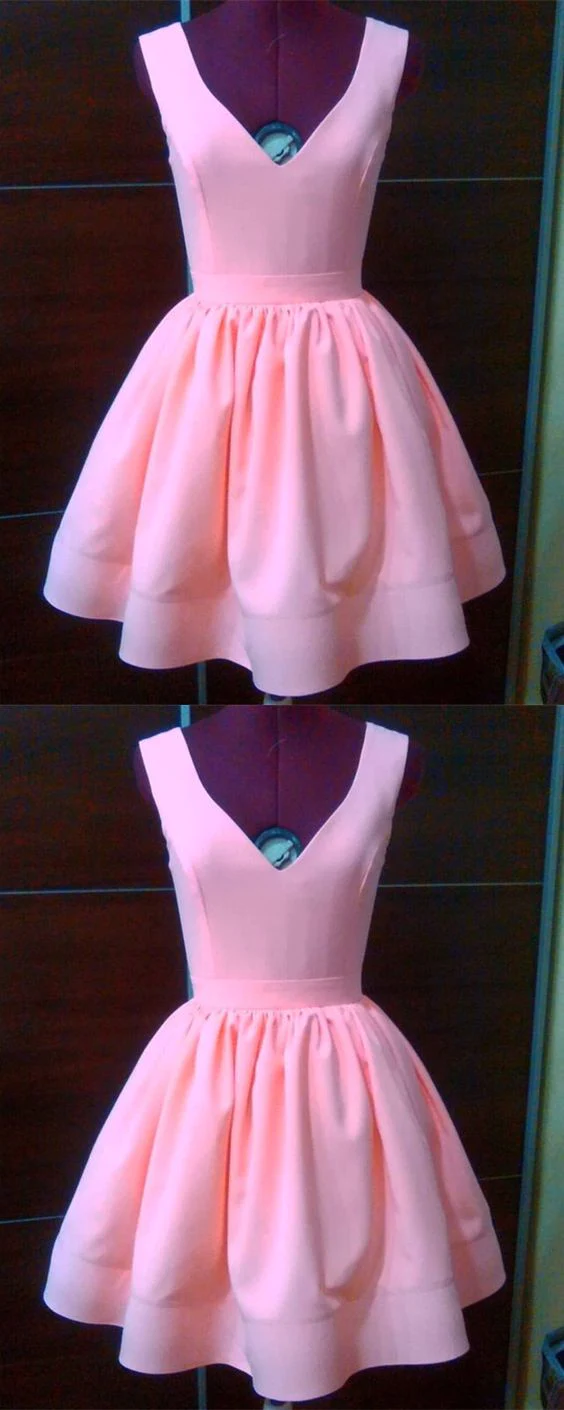 A-line v-neck cute homecoming dresses, short pink homecoming dresses cc07