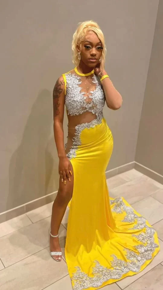black girl yellow lace evening dresses,silver lace prom dresses, sexy evening dresses c3485