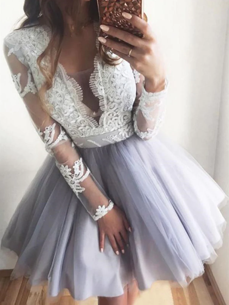 V Neck Short Gray Homecoming Dress with White Lace, Short Lace Formal Graduation Dresses c3103