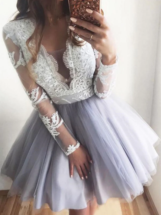 V Neck Short Gray Homecoming Dress with White Lace, Short Lace Formal Graduation Dresses c3103